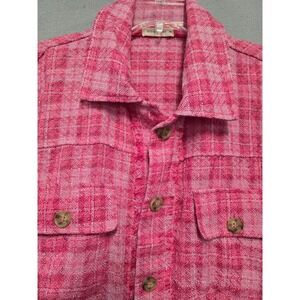 ANDTHEWHY Pink Plaid Tweed Shacket Frayed Hem Oversized Button Down Jacket M